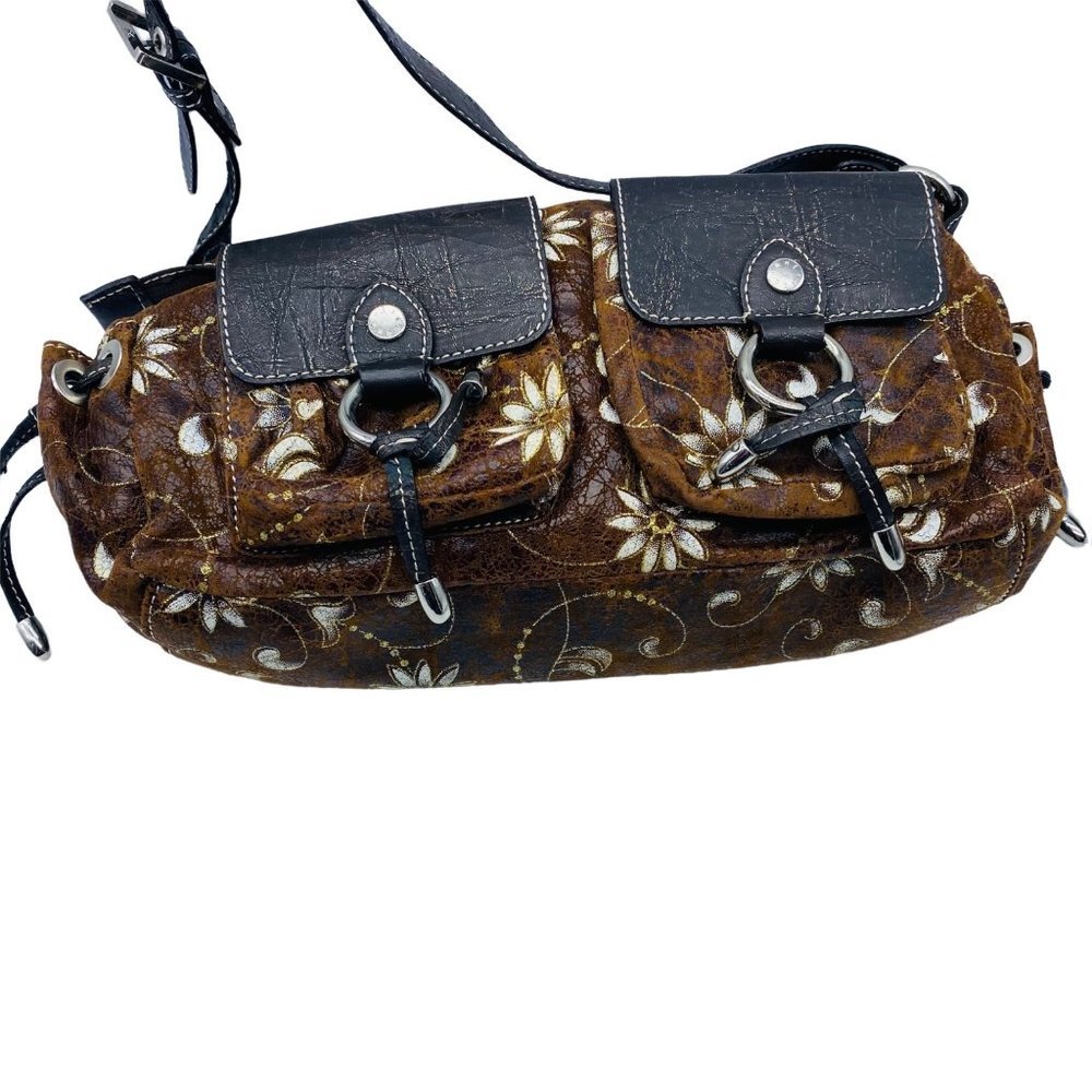 Hexagona Paris RARE Brown White Floral Adjustable Crossbody Purse 14” x 9”
